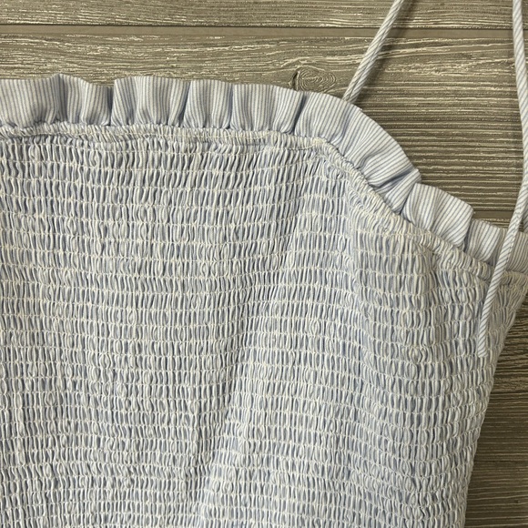 Cousin Couture Smocked Mini Dress Light Blue Pinstripe Ruffle Tie Straps M - Picture 3 of 9